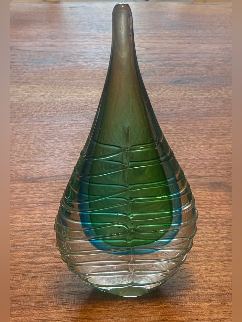 Murano Style Sommerso Art Glass Sculpture Blue Green Teardrop Italy 10.5”